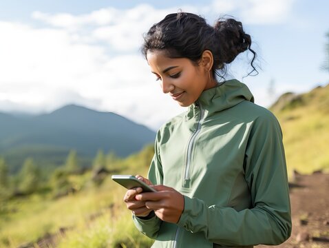 Outdoor Read: Young Indian Woman in Hiking Gear Checking Her Phone generative ai