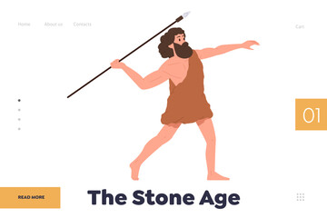 The stone age concept for landing page design template with prehistoric primitive man hunting