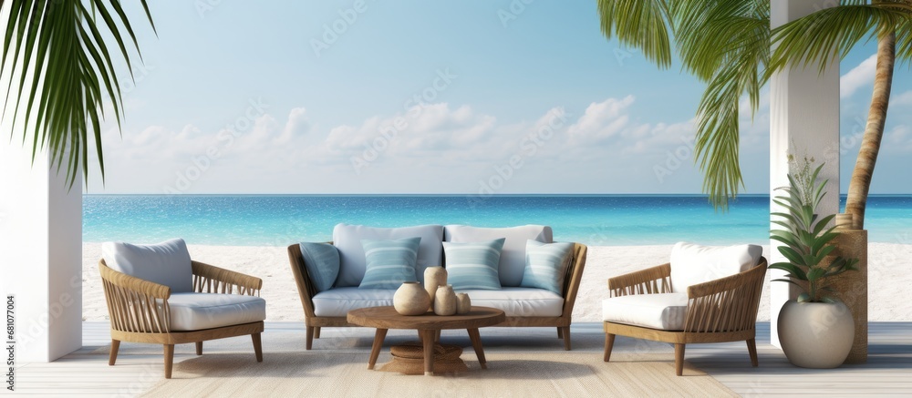 Aufkleber rendered interior of a lounge at the beach copy space image place for adding text or design