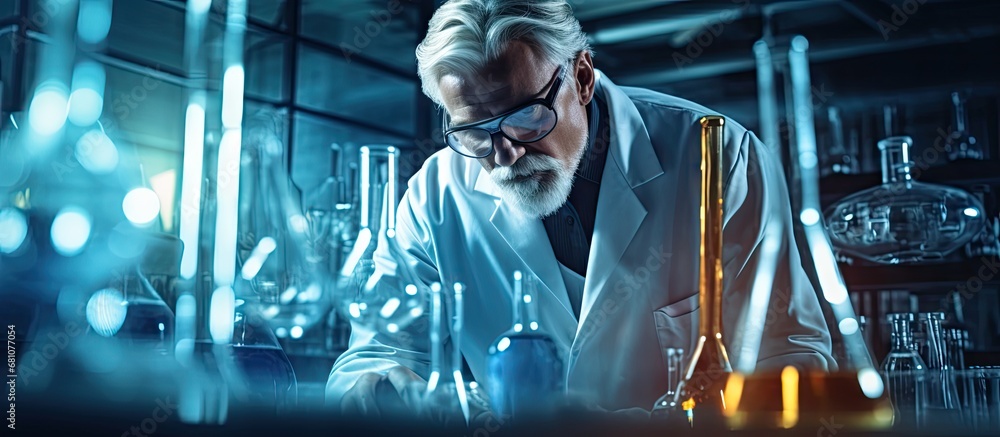 Poster scientist conducting research with laboratory equipment and analyzing liquid samples in test tubes c