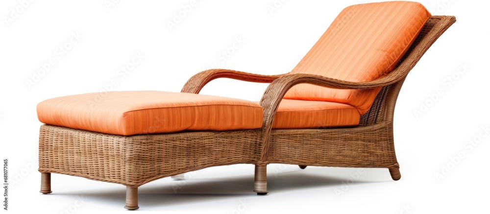 Aufkleber rattan lounge chair for patio pool and garden use with cushions and arm handles isolated on white ba