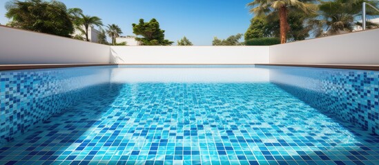 Residential swimming pool with mosaic pattern steps and flowing water Copy space image Place for adding text or design - obrazy, fototapety, plakaty