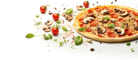 Pizza with toppings hovering above a white surface Copy space image Place for adding text or design