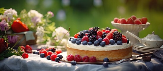 Rustic style outdoor garden picnic with selective focus on a summer cake or tart made with berries and cottage cheese Copy space image Place for adding text or design