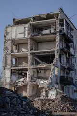 Izyum, Ukraine. - November 10, 2023. Pershotravneva Street. this is where this ruined house is located. On March 9, 2022, the Russians destroyed it with an aerial bomb.