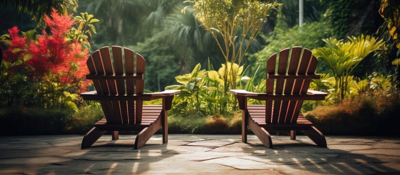 Outdoor garden with wooden chairs Copy space image Place for adding text or design