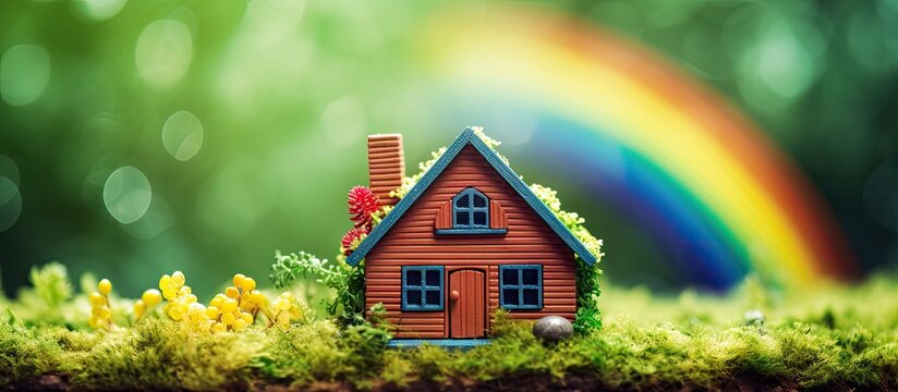 Rainbow backdrop enhances environmental concept of wooden house amidst forest moss Copy space image Place for adding text or design