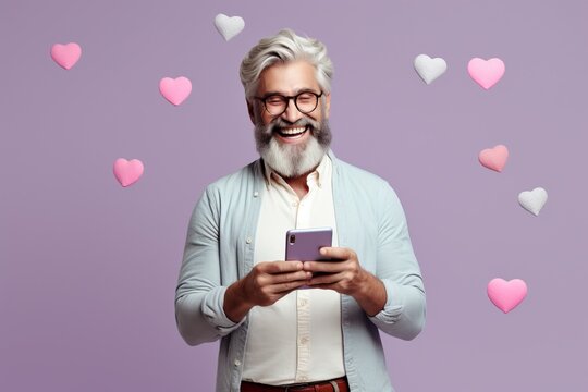 Bearded middle aged single man looking for love texting on dating social media app smartphone smiling, hearts around.