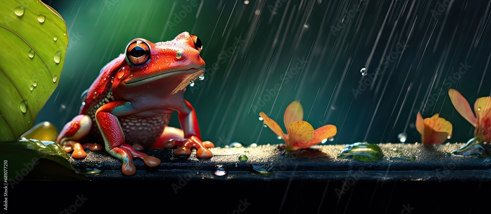 Poster selective focus photography of a rain drenched red frog clutching a leaf copy space image place for 
