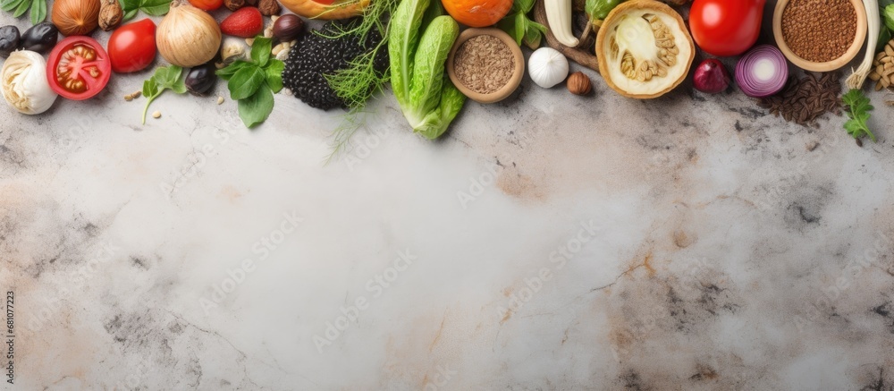 Poster organic ingredients for a healthy balanced diet on a stone table with copy space copy space image pl