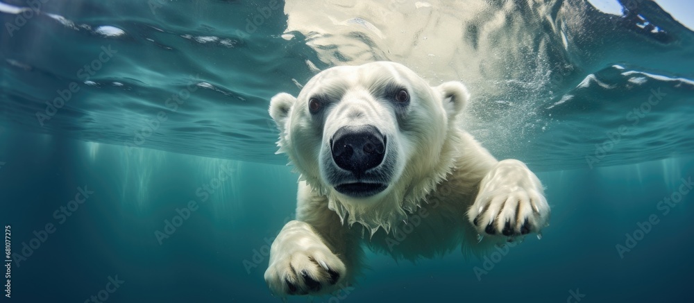 Sticker polar bear underwater close up gazing at camera copy space image place for adding text or design