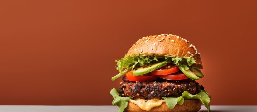 Plant based homemade burger with sweet potato black beans and brown rice on a wholegrain bun with light background and copy space Copy space image Place for adding text or design