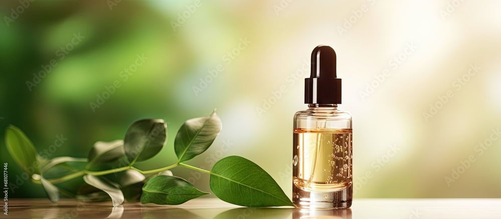 Poster organic spa product with dropper bottle in front of water drops and leaves on beige background copy 