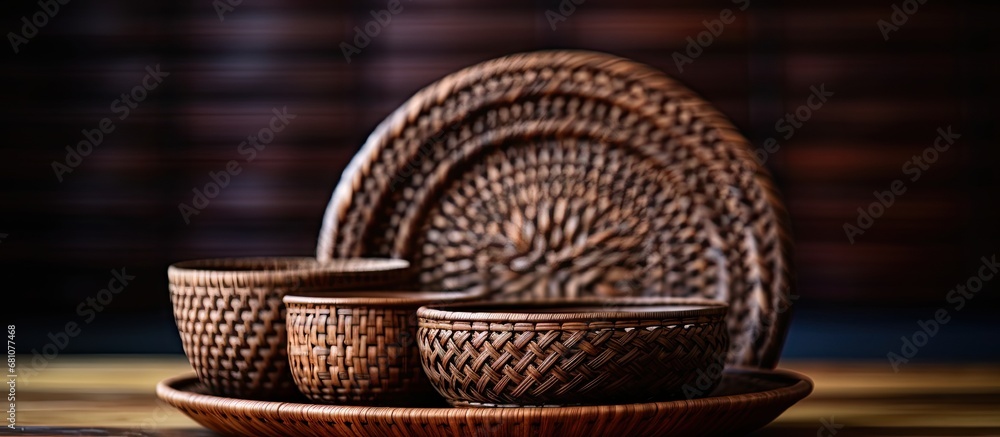 Poster round rattan basketry for serving dishes on a wooden table copy space image place for adding text or