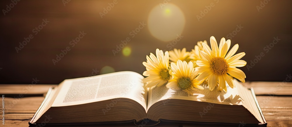 Poster open bible flower sunlight on wooden table christian background copy space copy space image place fo