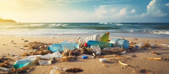 Plastic pollution and its effects on the environment including marine life and humans are caused by the addiction to single use plastic Copy space image Place for adding text or design - obrazy, fototapety, plakaty