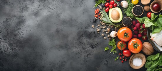 Organic ingredients for a healthy balanced diet on a stone table with copy space Copy space image Place for adding text or design