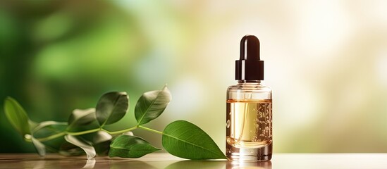 Organic spa product with dropper bottle in front of water drops and leaves on beige background Copy...