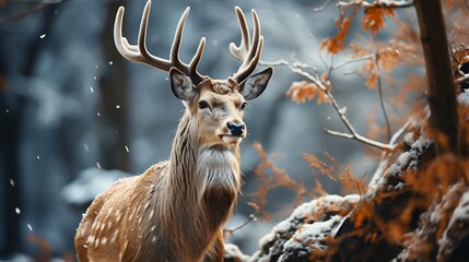 A horizontal portrait of a beautiful, majestic deer in a winter forest. Deer side view , Christmas banner. 
