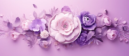 Fototapeta na wymiar Purple and white lettering and symbol for Women s Rights and International Peace on a floral pink background for greeting card social media poster Copy space image Place for adding text or desi