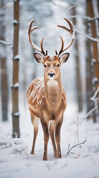A beautiful deer in a winter forest , the view is directly generative . A vertical image of a deer .  
