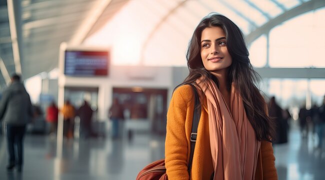 Globetrotting Chic: Indian Woman Embracing Adventure at the Airport generative ai