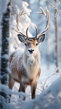A beautiful , majestic deer in a winter forest , the view is directly generative . A vertical image of a deer in the snow. 