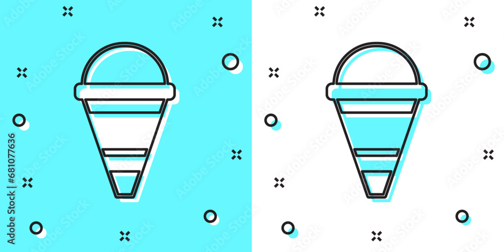 Poster black line fire cone bucket icon isolated on green and white background. metal cone bucket empty or 