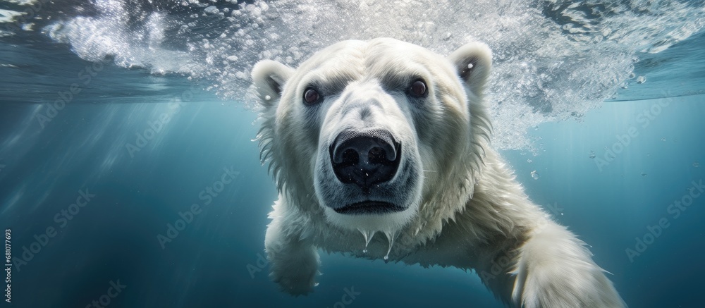 Wall mural polar bear underwater close up gazing at camera copy space image place for adding text or design