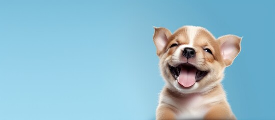 Smiling blue eyed puppy winking Copy space image Place for adding text or design - obrazy, fototapety, plakaty