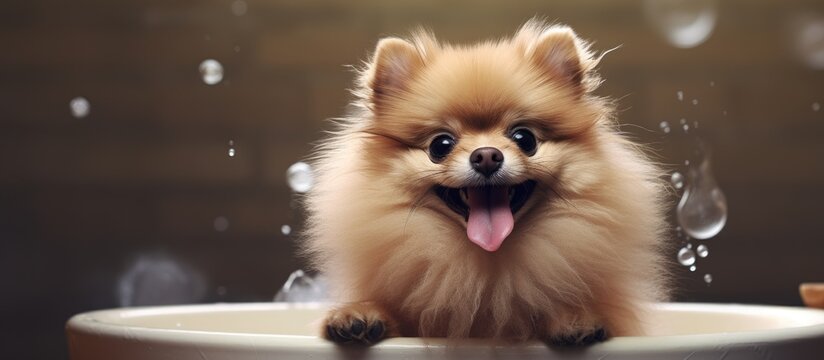 Pomeranian dog post bathing Copy space image Place for adding text or design