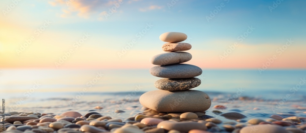 Aufkleber pebbles pyramid at sunset on the beach with blue sea in the background evoking a sense of calm and h