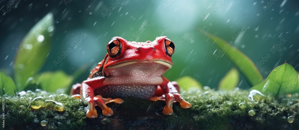 Poster selective focus photography of a rain drenched red frog clutching a leaf copy space image place for 