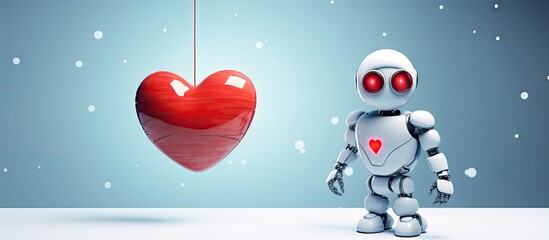 Fototapeta na wymiar Robotic technology cute machine reaching for heart icon in 3D Copy space image Place for adding text or design