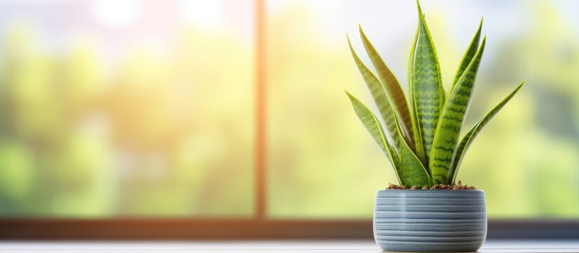 Snake plant on display in a modern home window Copy space image Place for adding text or design