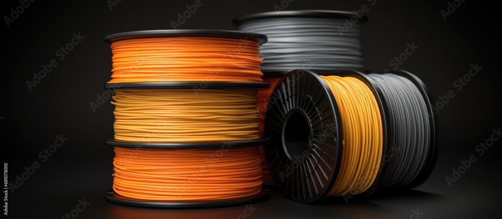 Poster samples of filament for a 3d printer in the color orange copy space image place for adding text or d