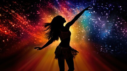 Mindfulness dance. A dancer silhouette on colorful cosmic explosion of colors, embodying the...