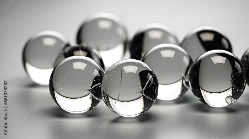 Poster a group of black and white balls sitting next to each other on a gray surface with a reflection of t