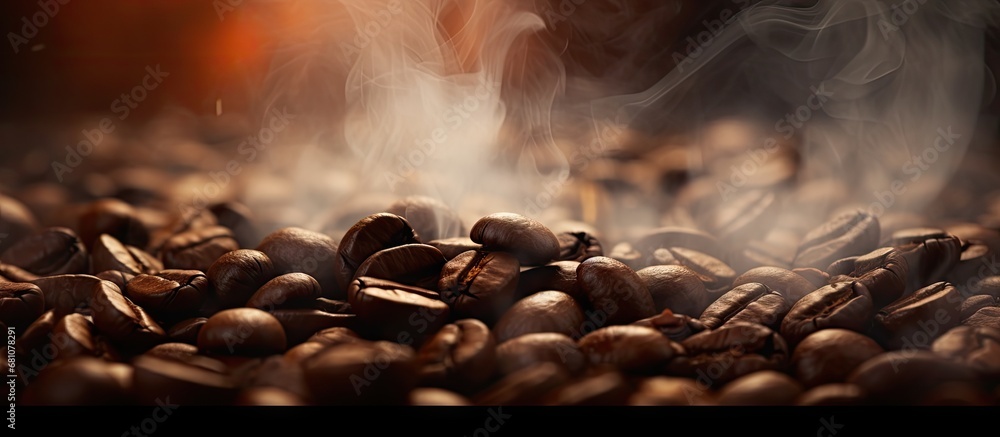 Poster roasting coffee beans with smoky focus and blur copy space image place for adding text or design