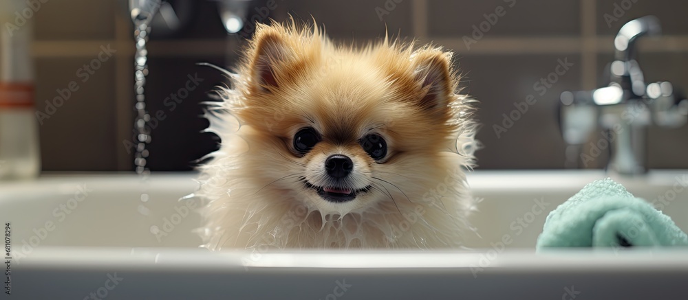 Poster pomeranian dog post bathing copy space image place for adding text or design