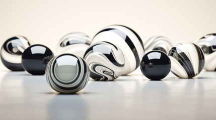  a group of black and white balls sitting next to each other on a white surface with a white wall in the backround of the picture and a white wall in the background.