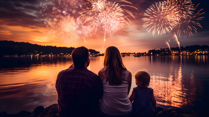 American family watching 4th of July fireworks at night - family event for firework celebration,