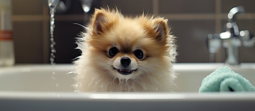 Pomeranian dog post bathing Copy space image Place for adding text or design