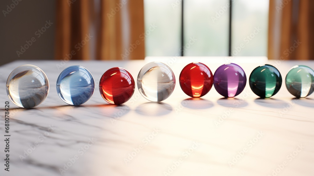 Poster a row of different colored glass knobs sitting on top of a white counter top in front of a window wi