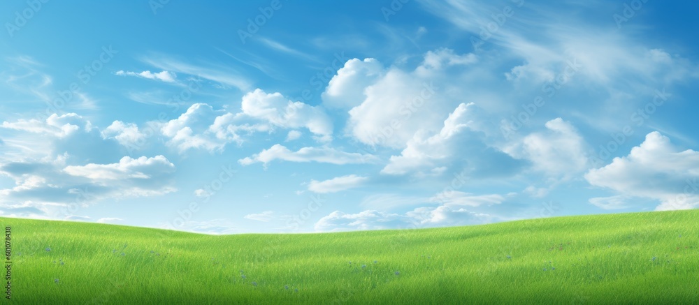 Poster picturesque spring landscape with a wide field and green grass copy space image place for adding tex