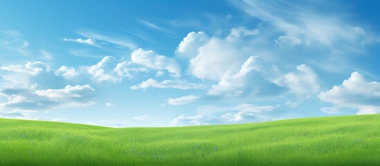 Picturesque spring landscape with a wide field and green grass Copy space image Place for adding text or design