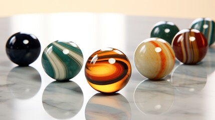  a group of marbles sitting on top of a white counter top next to each other on top of a marble slab of shiny white counter top next to each other.