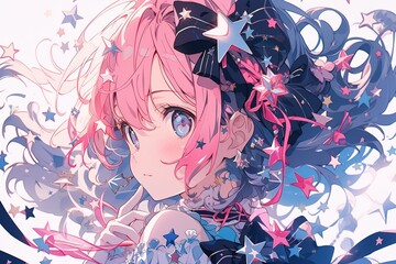 Obraz premium beautiful anime girl with magenta hairs, little stars and flowers in background, illustration