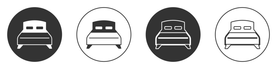 Black Big bed for two or one person icon isolated on white background. Circle button. Vector