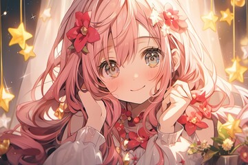 beautiful anime girl with pink hairs, little stars and flowers in background, illustration